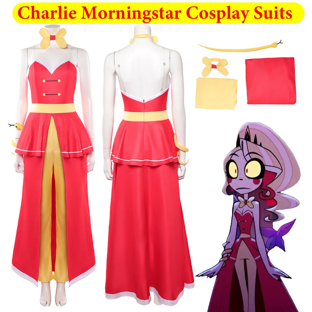

Women Charlie Cosplay Morningstar Costume Cartoon Hotel Role Play Carnival Top Pants Neckwear Outfits Halloween Fantasia Suit