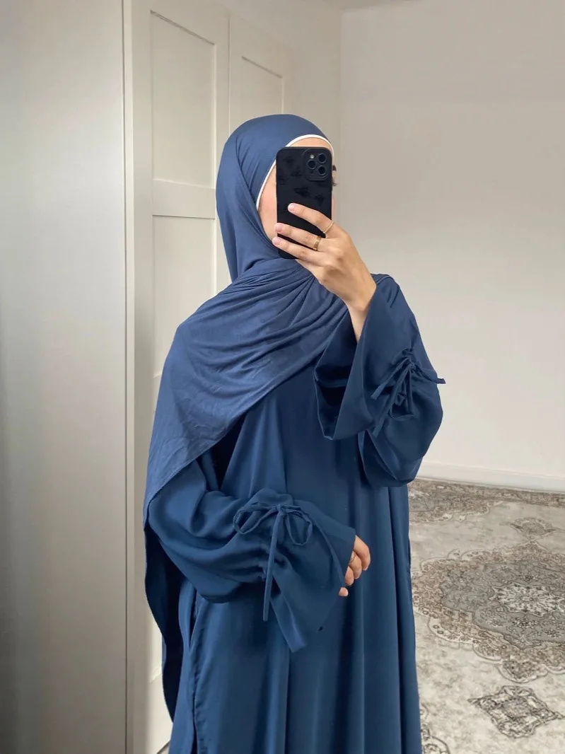 

Elegant Muslim Midi Dress Long Sleeve Wrap Belt Dress Modest Middle East Abaya Dress Fashionable Tie Sleeve Gown Chic