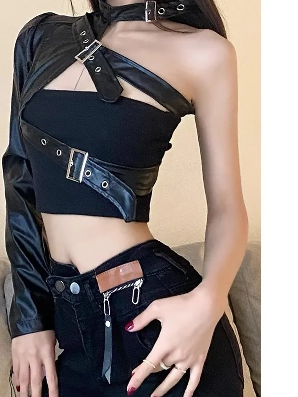 Cisas tema Cool Street Sle motocicleta danza cuero Jaet mujer alta Faion ort PU abrigo de cuero diseño asimétrico