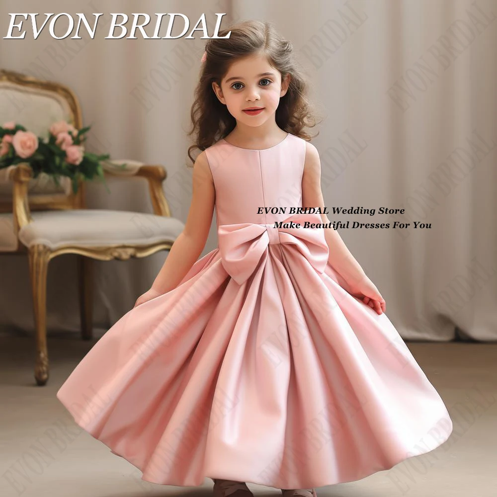 EVON BRIDAL 2024 Girl Party Dress For Kids Short Ankle-Length Princess Flower Dresses For Wedding Birthday Gowns With Pink Bow