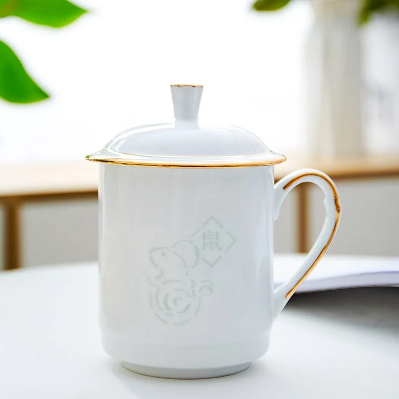 

Jingdezhen Tea Cup Ceramic Mug Household with Cover Water Zodiac Rice-Pattern Decorated Porcelain Large Capacity