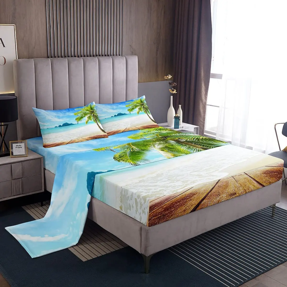 

Beach Sheets Set King Size Ocean Sheet Set Tropical Palm Tree Hawaii Ocean Bedding Set Sunny Beach Coastal Nature Theme Sea Wave