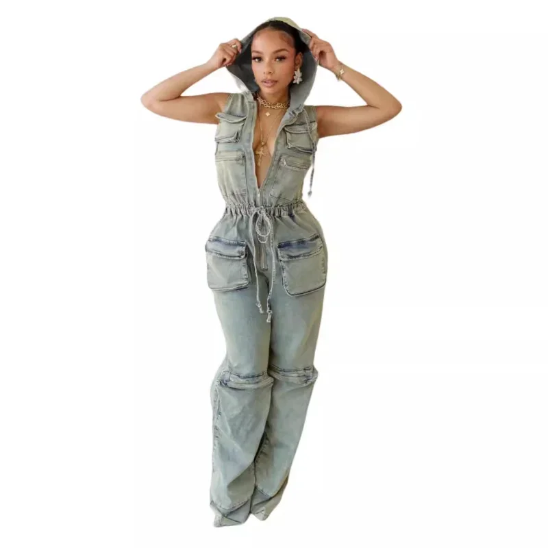 Ueteey Denim Overall für Frauen 2024 ärmellose große Tasche Kapuze Vintage Overalls Damen elastische Cargo Overalls hellblau