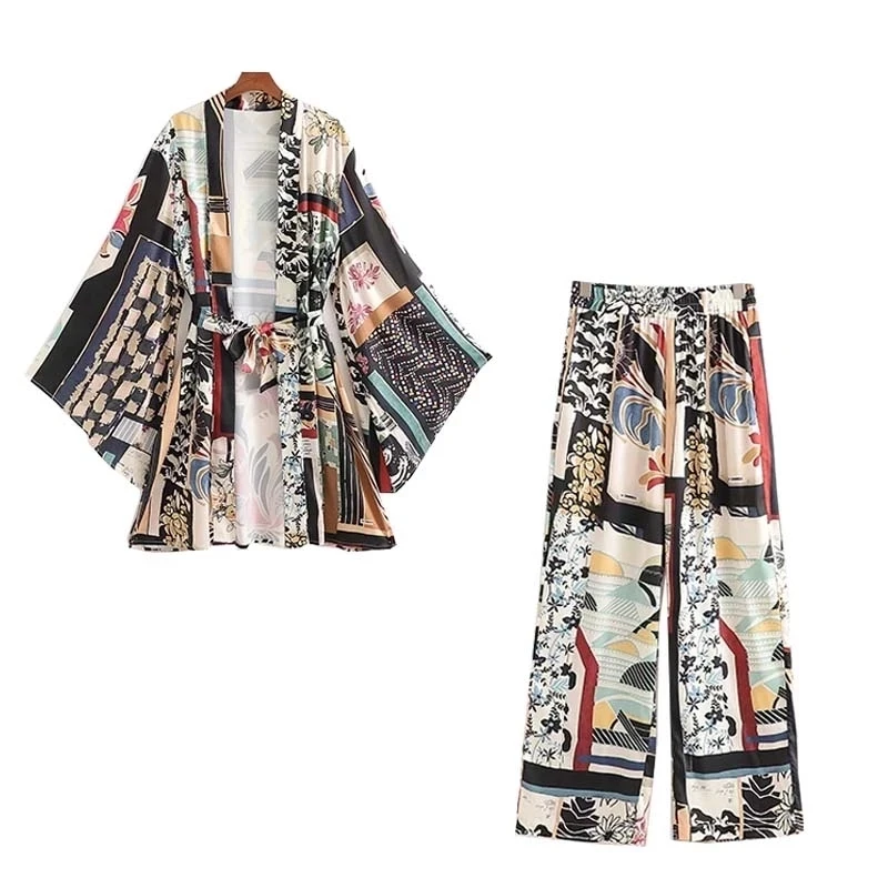 

Long Sleeve Pants Sleepwear Women's Pajamas Set Summer Print Vintage V-neck Long Kimono 2 Pieces Pijamas Women Home Suit