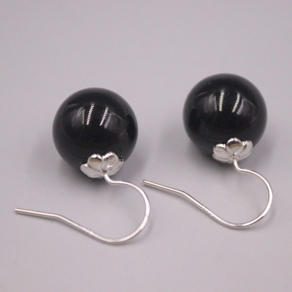 

Real Solid 925 Sterling Silver Dangle Women Lucky Black Agate Glossy Ball Bead Earrings