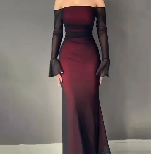 

Womens Dresses 2025 Spring Autumn New Fashionable Solid Color Long Sleeved Off Shoulder Hip Hugging Temperament Slim Fit Dress