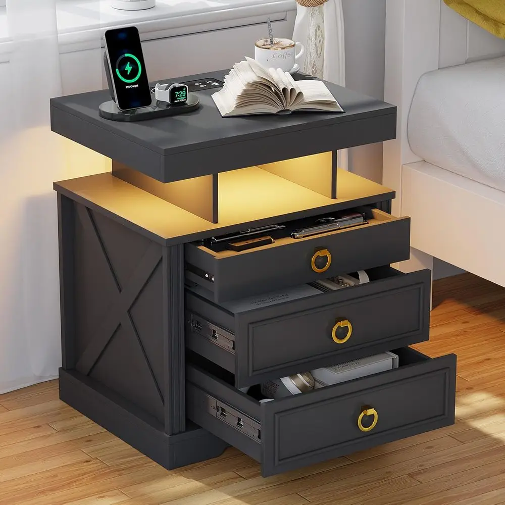 LED-Illuminated Nightstand with Charging Port, 3-Color Auto Light, and Hidden Storage for Bedroom Furniture - Black