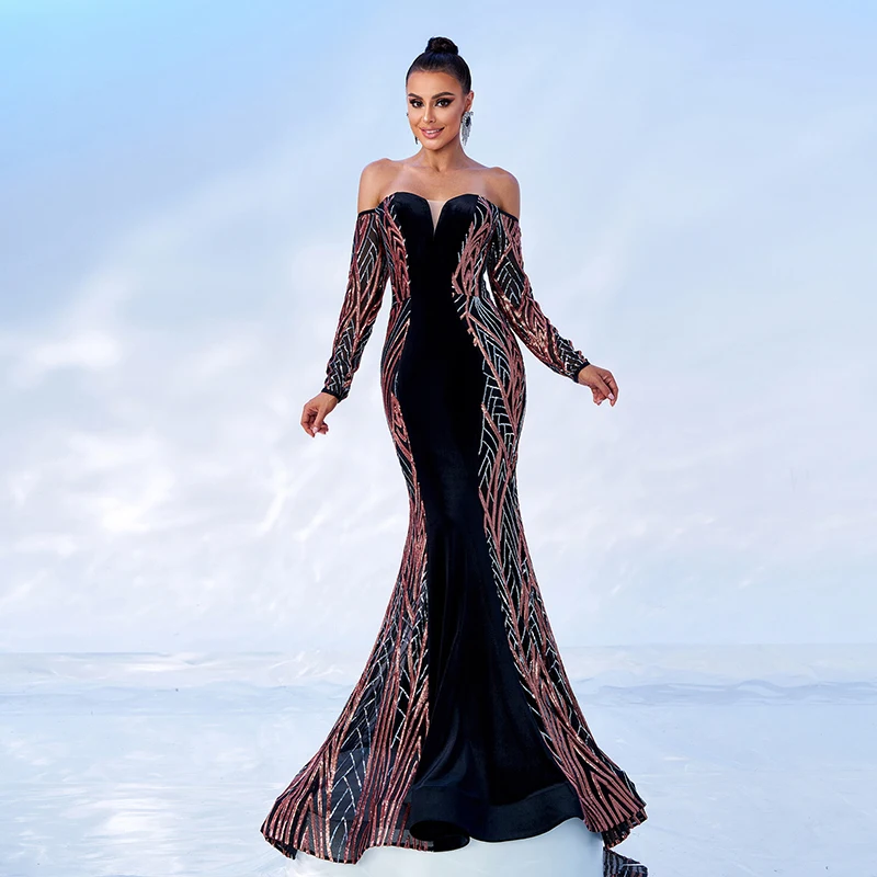 

Sexy Women Long Sleeve Off Shoulder Sequined Black Party Formal Occasion COcktail Prom Evening Long Dresses Women's Clothing