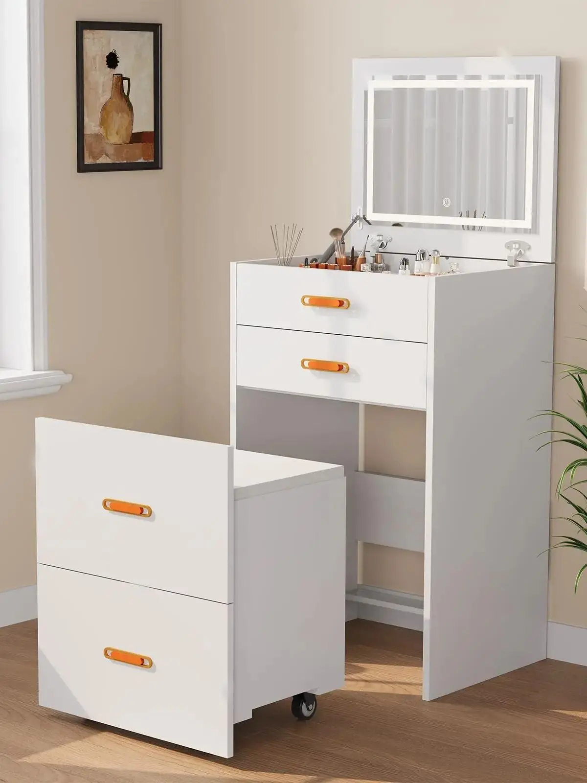 Small Makeup Vanity Desk with Mirror and Lights, 3-in-1 Compact Vanity Set, Nightstand, Dressing Table with Adjustable 3-Light