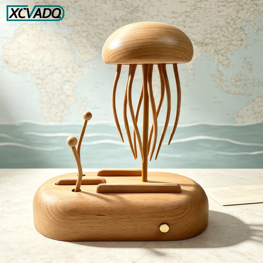 Wooden Jellyfish Kinetic Automaton, Hand‑Made Mechanical Sculpture with Movable Flowing Tentacles,Creative Office Desk Ornament