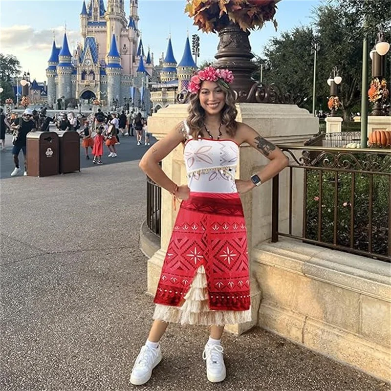 여자 영화 코스프레 모아 나 의상 술 치마 복장 성인 소녀 카니발 할로윈 복장을위한 바다 모험 공주 드레스