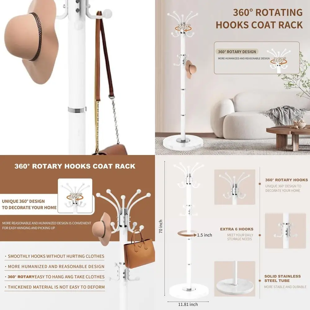 

Freestanding 360° Rotating Coat Rack with 16 Hooks and Natural Marble Base for Entryway (White)