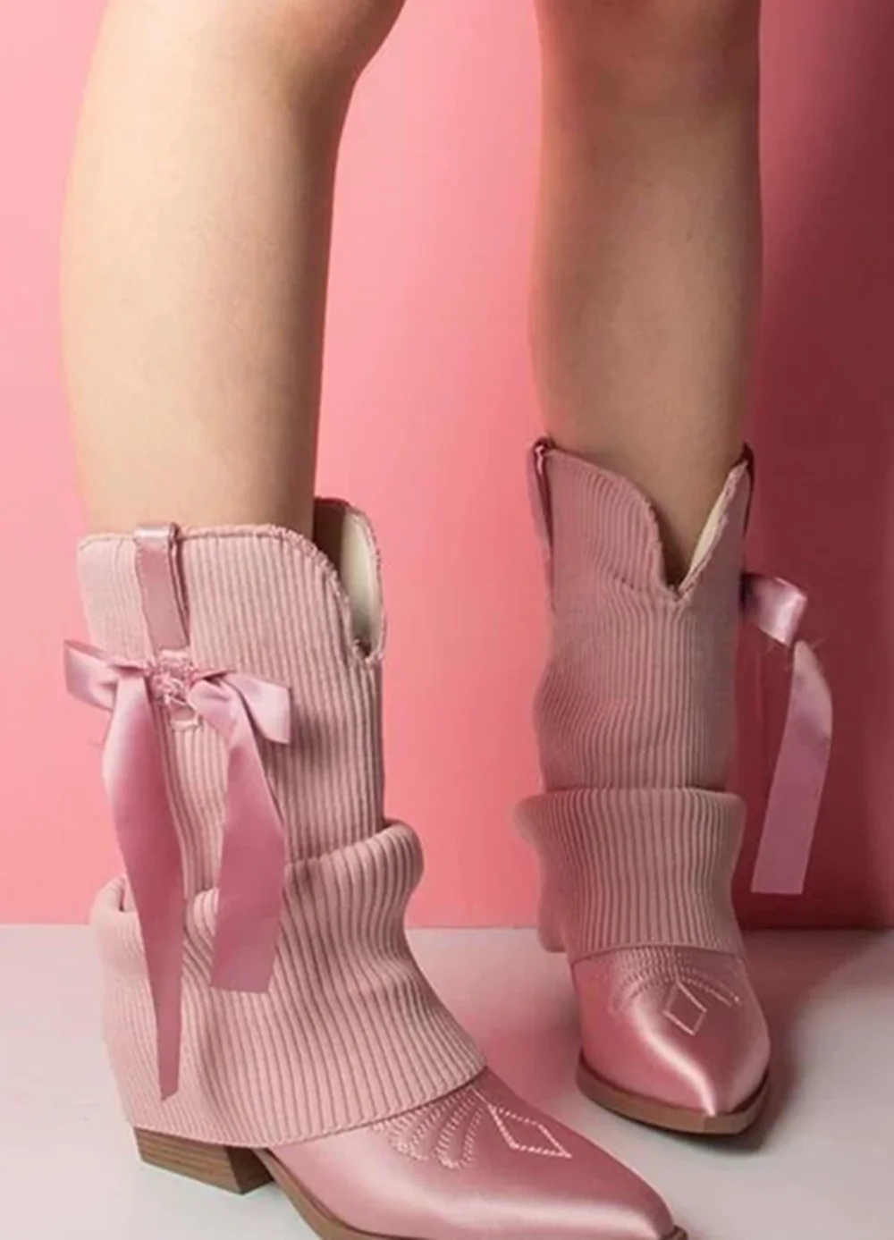 Sweet Pink Ribbed Knit Satin Pointed Toe Cowboy Boots Low Block Heel Satin Bow Accent Slouchy Sweet Western Design Casual Boots