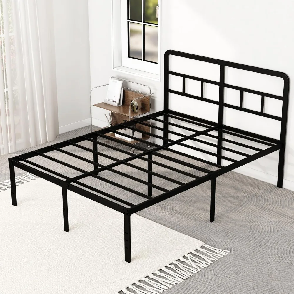 Queen Bed Frame, 18 Inch Queen Bed Frame with Headboard No Box Spring Needed, Heavy Duty Metal Platform, Black, Bed Frame