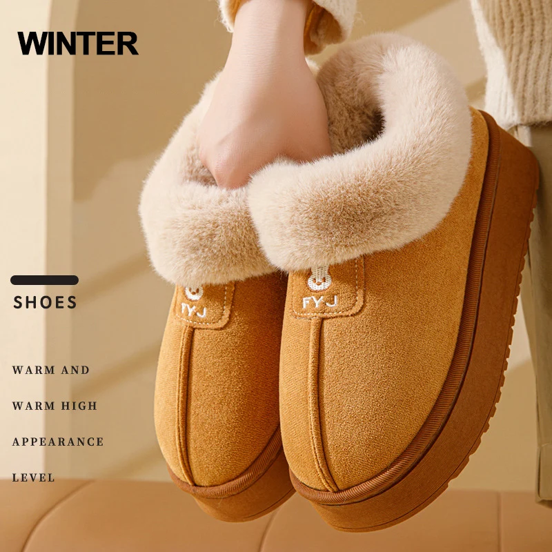 

Women's Plush Warm Winter Snow Boots Thick Sole Non Slip Cotton Shoes Woman Fluffy Faux Fur Platform Slippers Comfort Home Shoes