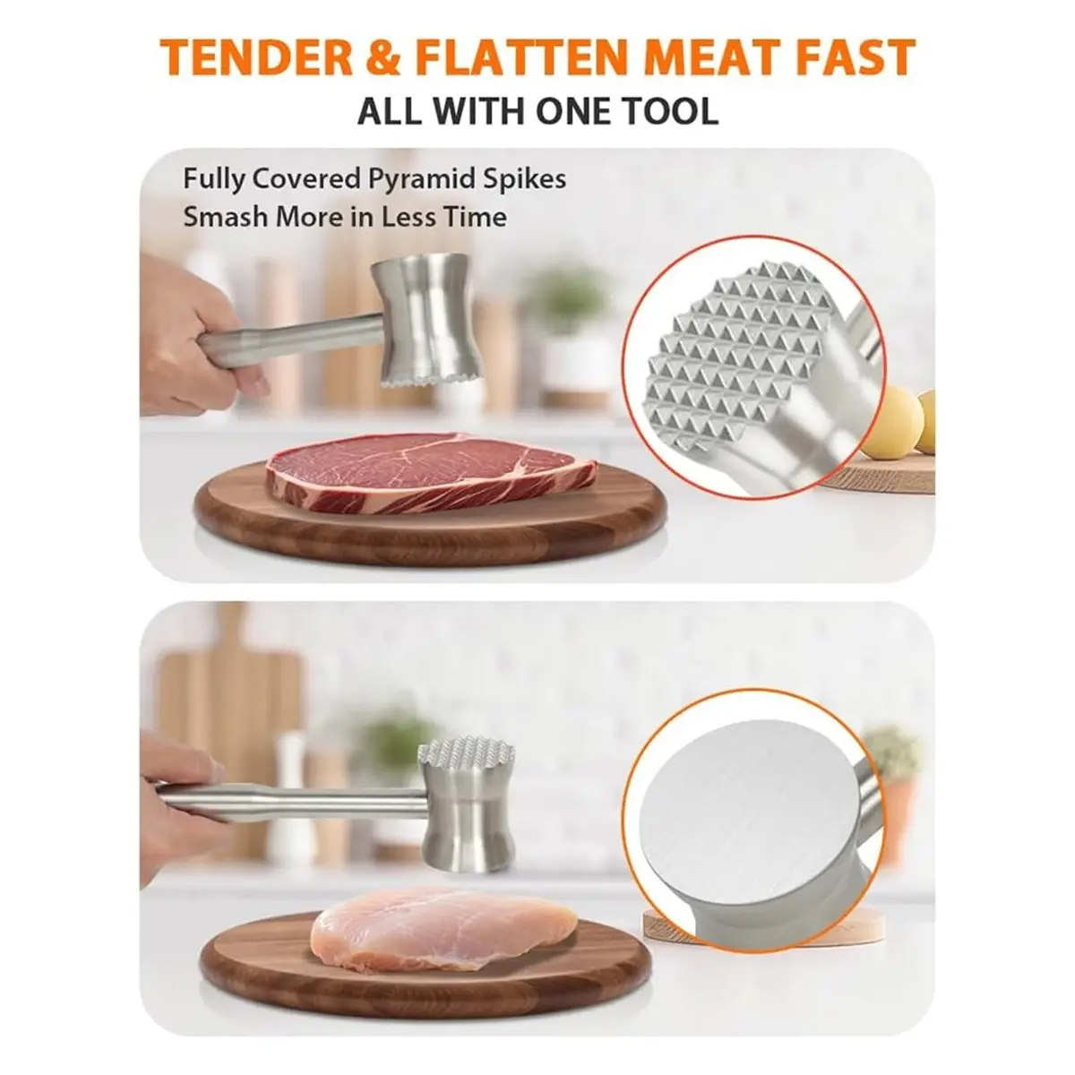 Meat Tenderizer Tool, 304 Stainless Steel Meat Mallet, 2 in 1 Meat Pounder for Beef,Chicken,Dishwasher Safe