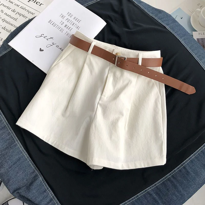 Elegant Belt Shorts Women Fashion White Wide Leg Suit Shorts Summer Ladies Korean High Waist Baggy All Match A Line Short Pants