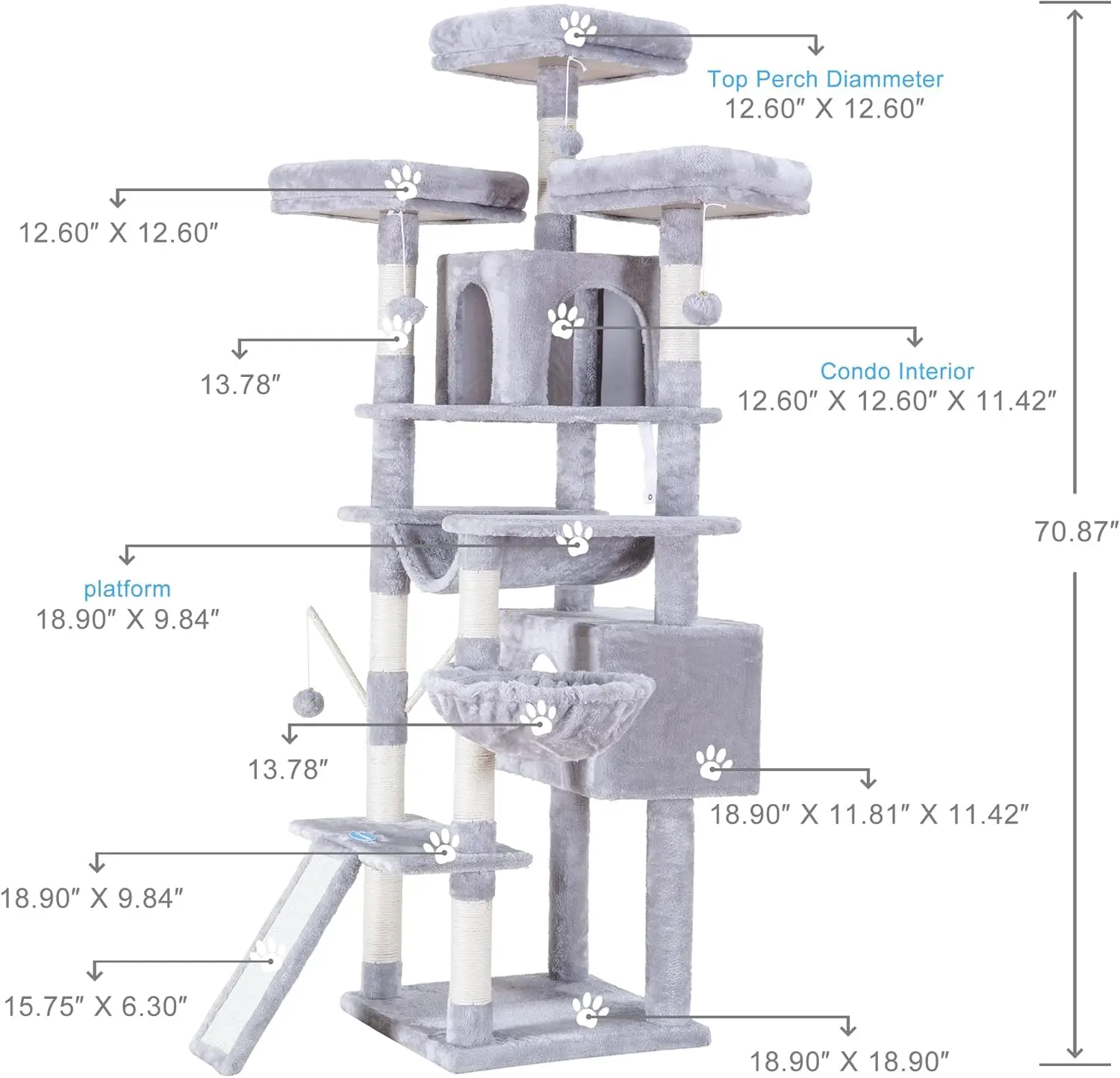 Árvore para gatos, torre grande para gatos XL de 71 polegadas para gatos internos, casinha para gatos multinível com 3 poleiros acolchoados, arranhador grande