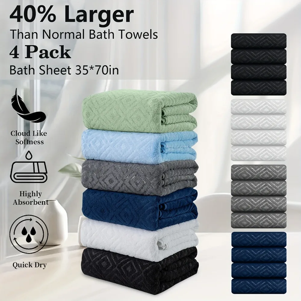 

Set of Four Oversized Bath Towels, Measuring 35 by 70 Inches, Designed for Bathrooms. These Towels Are Exceptionally Soft, Thick