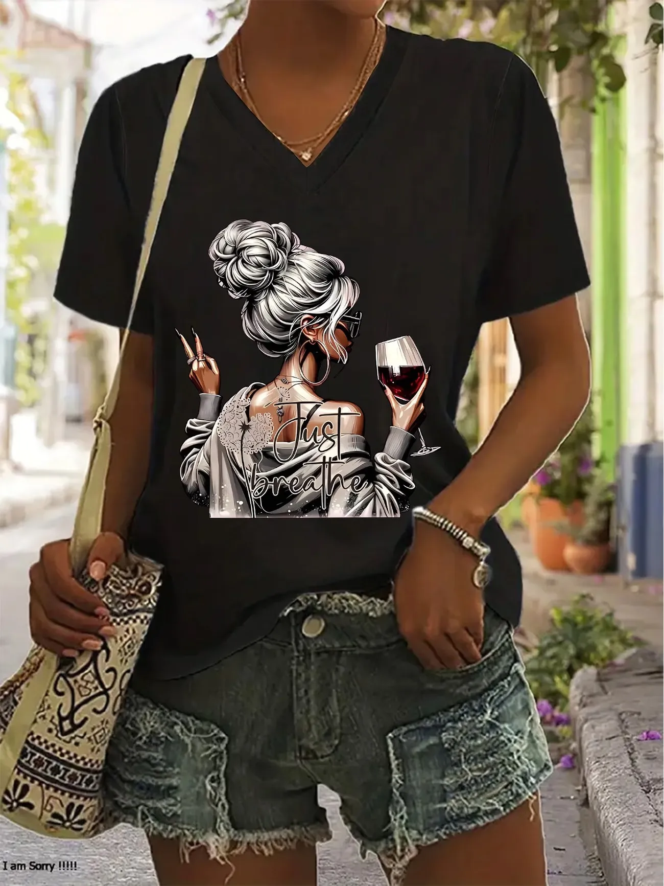 Fashion Artistic Wine Drink T-shirt V Neck Casual Y2k Harajuku T Shirts Women Short Sleeve Tee Shirt V-Neck Summer Spring