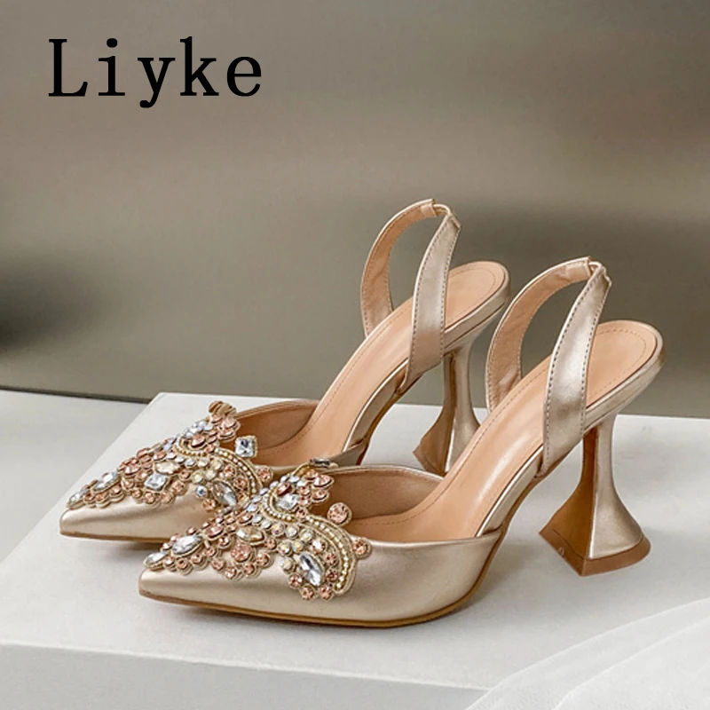 Liyke 2025 baru sepatu hak tinggi aneh hak tinggi kristal berlian imitasi ujung lancip sandal selempang wanita sepatu pesta pernikahan