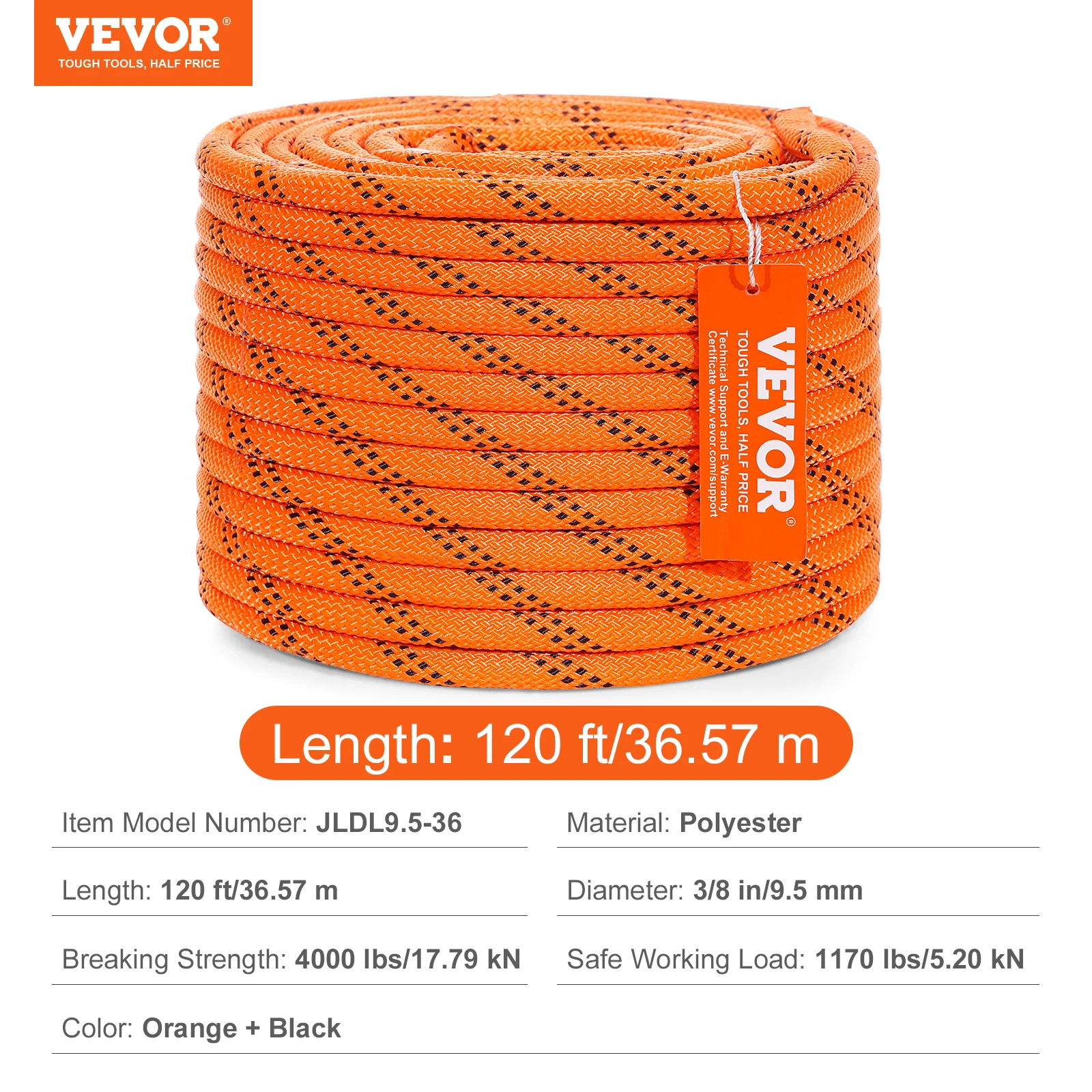 SucceBuy 120ft dubbel geweven polyester koord 3/8 1/2in 48-strengs multifunctioneel touw voor boomverzorger-activiteiten Outdoor-avonturen Veelzijdig