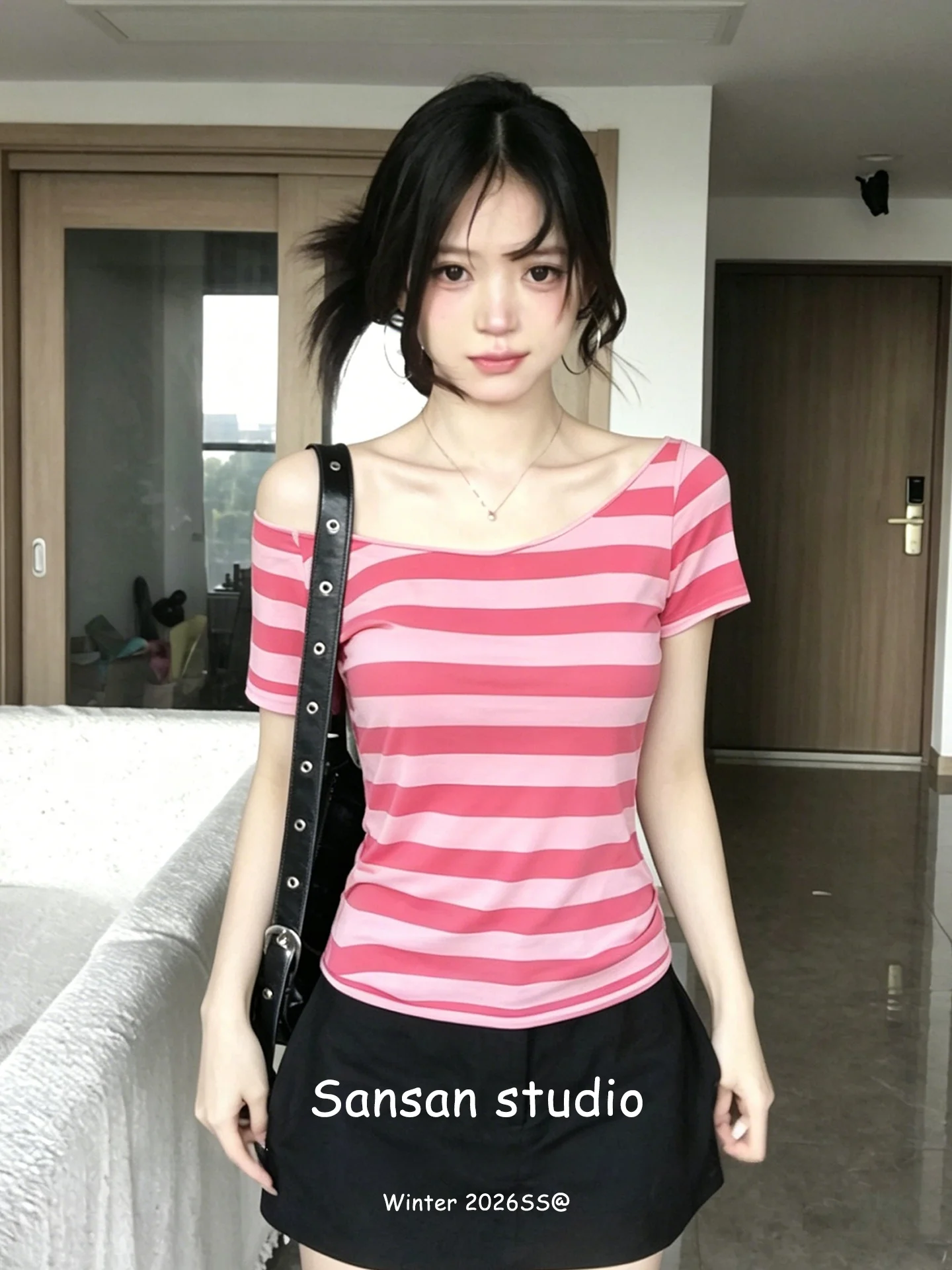 

Korean Style Slim Fit Short Sleeve Women's T-Shirt Summer Casual Beautiful Shoulder Bared One Shoulder Stripe Pattern Tee