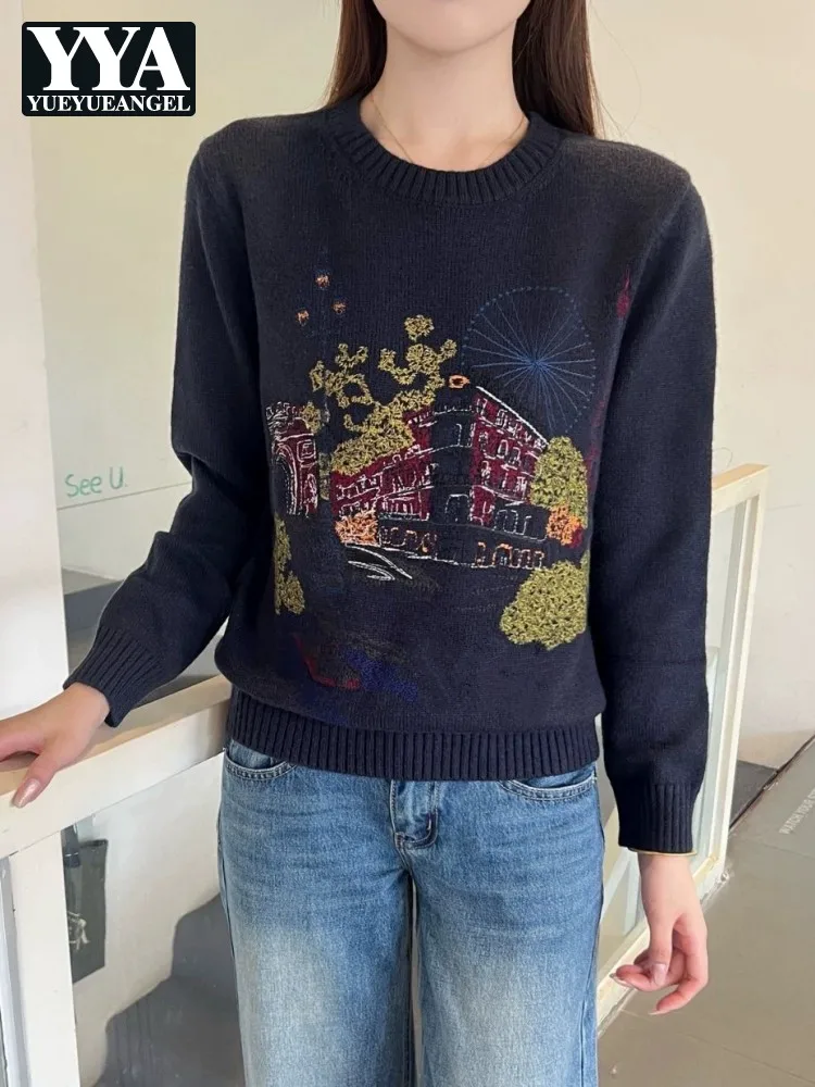 

Autumn Winter Women Embroidery Pullover Sweater Fashion O Neck Woolen Casual Long Sleeve Knitted Tops Loose Fit Ladies Knitwear