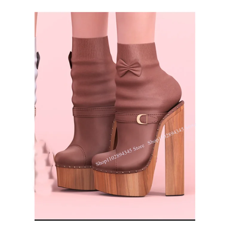 

Brown Slip On Wood Pattern Platform Pumps Round Toe Chunky Heel Fashionable Sexy Cool Western Summer Woman Shoes Zapatilla Mujer