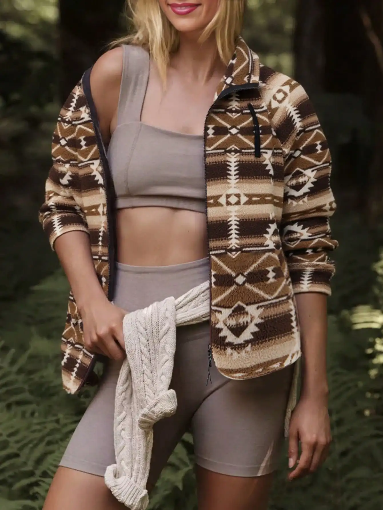 

Fisoew Plush Print Stand-Collar Sports Zip Up Jacket, Outdoor Thermal Coat, Fleece-Lined Workout Gym Athleisure Print Streetwear