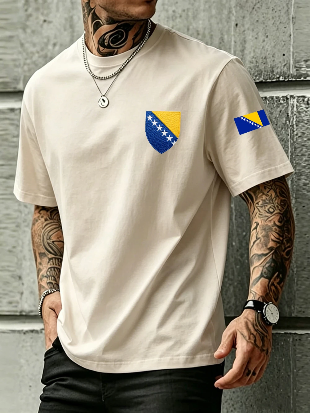 Bosnien Wappen Drucke Herren T-Shirt Baumwolle Sommer Weiches Kurzarm-Oberteil Übergroßes O-Neck T-Shirt Lässige Herren-Gruppenkleidung