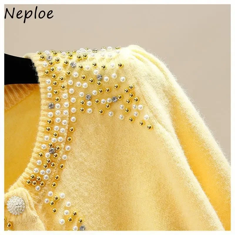 Neploe O Neck Beading Diamonds Outerwear Autumn  Solid Color Long Sleeve Single-breasted Sweater Y2k Clothes Cardigan Women