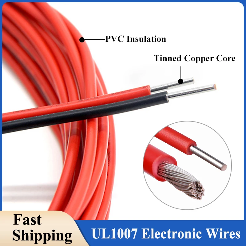 2 - 50M Red Black UL1007 Copper Wlire 16/18/20/22/24/26/28/30AWG Flexible PVC Insulation Electronic Cable DIY LED Lighting Line