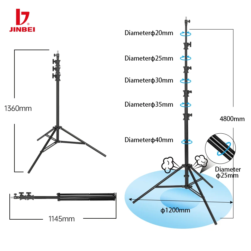 JINBEI 2.4/3/3.8/4.8M Heavy Duty Impact Air Cushioned Video Studio Light Stand 1/4 Screw Head Photography Portable Tripod Stand