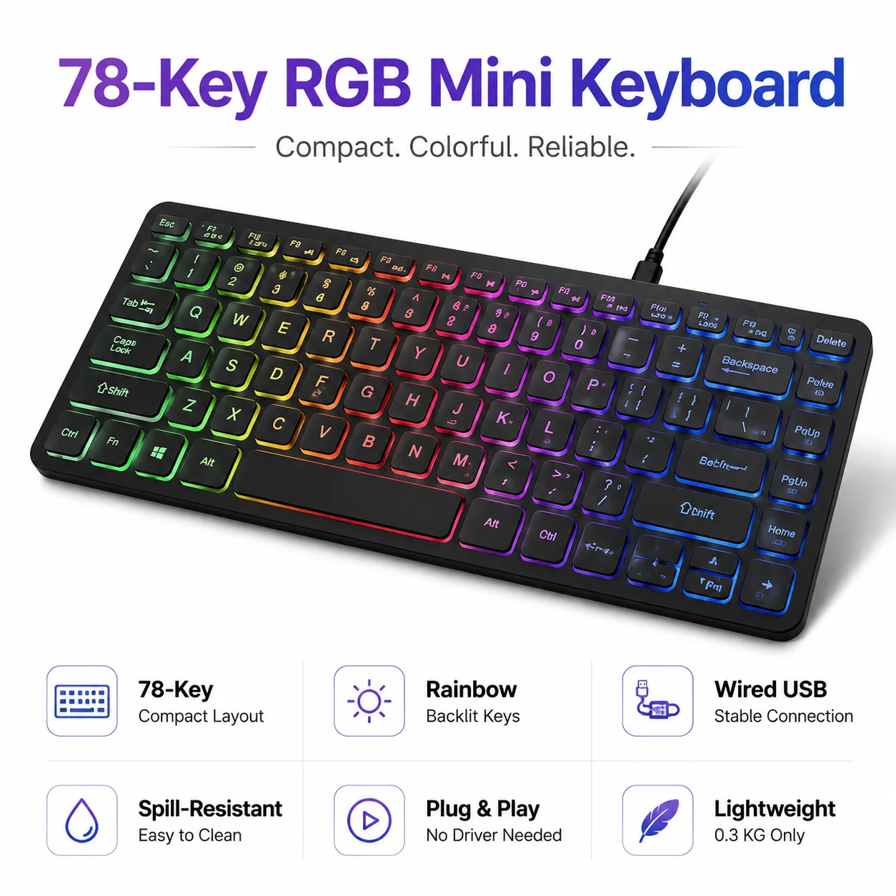 Mini RGB Waterproof Wired Keyboard 78-Keys Compact USB Keyboard Portable Backlit Gaming Typing Office Keyboard For PC Computer