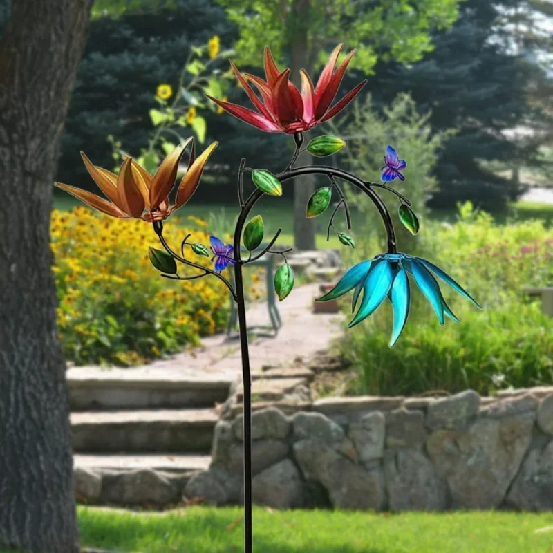 

Large Metal Wind Spinner with Three Spinning Flowers, Butterflies Windmill, Wind Sculpture, Outdoor Garden and Yard Art Decor