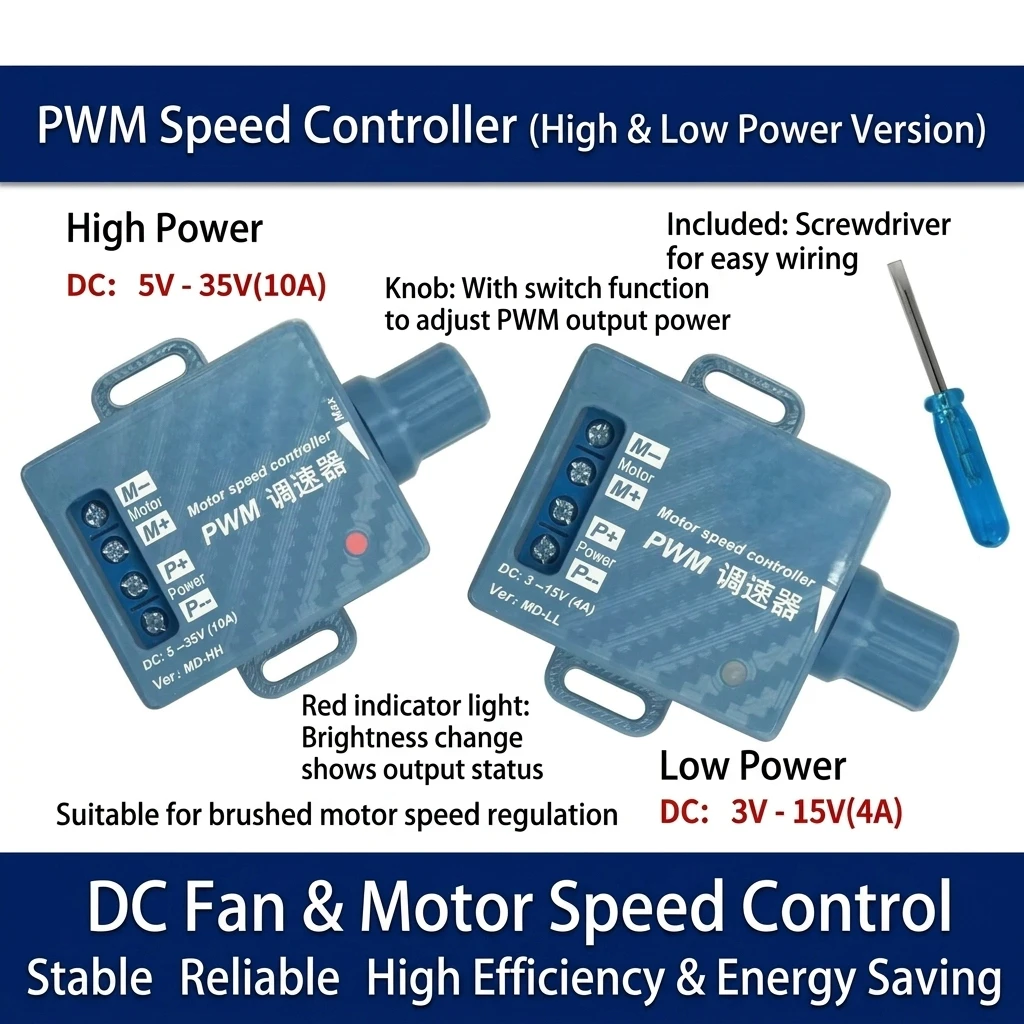 PWM DC Brushed Motor Speed Controller 3-15V 4A/5-35V 10A Knob With Switch 1-100% Duty Cycle 20KHz Reverse Connection Protection