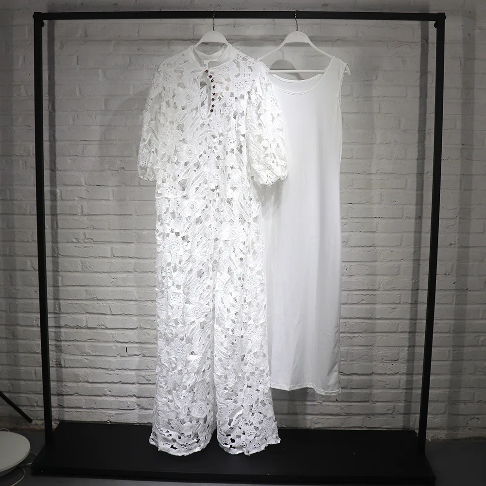 2025 African Women Popular National Dresses Lace Hollow Out Plus Size Maxi Dress and Inner Skirts Luxury Muslim White Abayas New