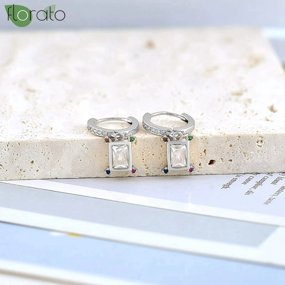 925 Sterling Silver Needle Fashion Square Pendant Earring Gold Color Small Hoop Earrings for Women Party Jewelry Gifts