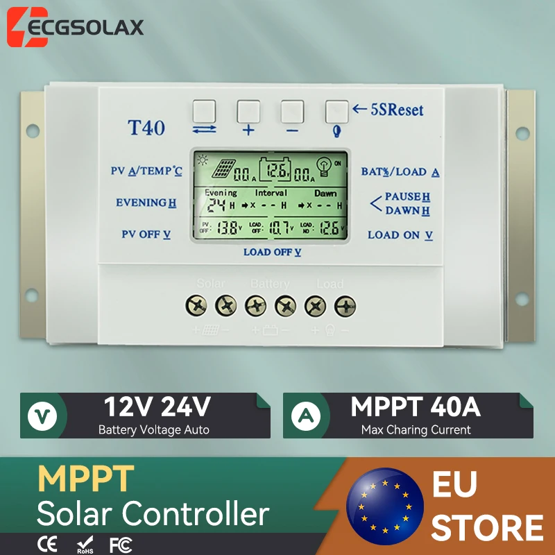 Contrôleur de charge solaire MPPT ECGSOLAX 40A 12V 24V automatique avec régulateur de panneau solaire et contrôle de charge à double minuterie PV Max 48VDC