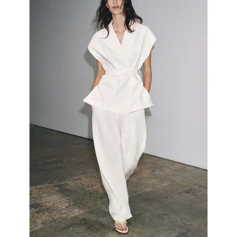 

Повседневный двубортный жилет из смеси льна 3736240, длинные брюки 3736244, женский комплект Faion, осенний сезон, взрослый размер