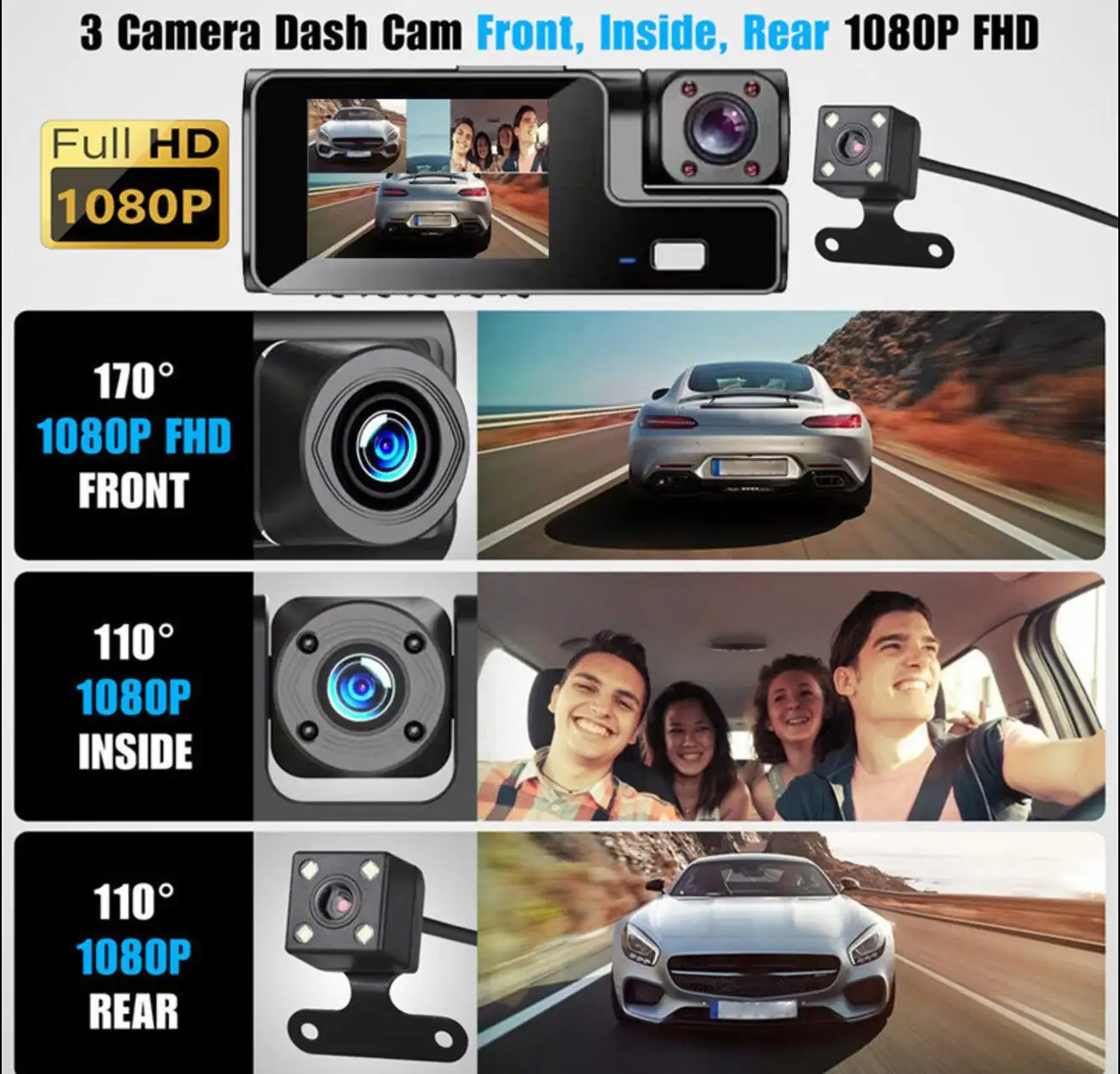 1080PTriple Lens WiFi Car Dash Camera, 3 Ways HD Recording for Front Cabin Rear, Wireless Phone Connection & Auto Loop Recording