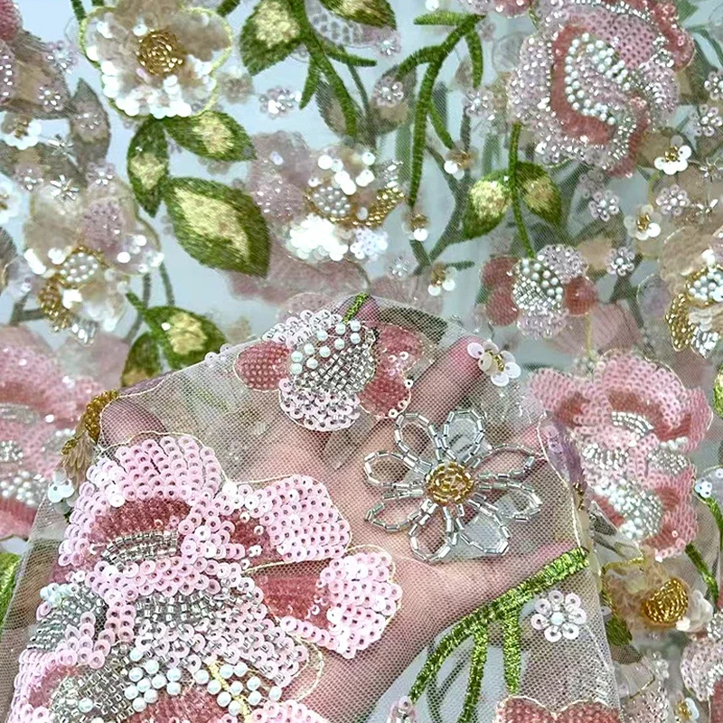 1Yard Flower Bead Embroidery Lace Fabric Tulle Material for Wedding Dress Performance Costume DIY Sewing Shoe Decoration