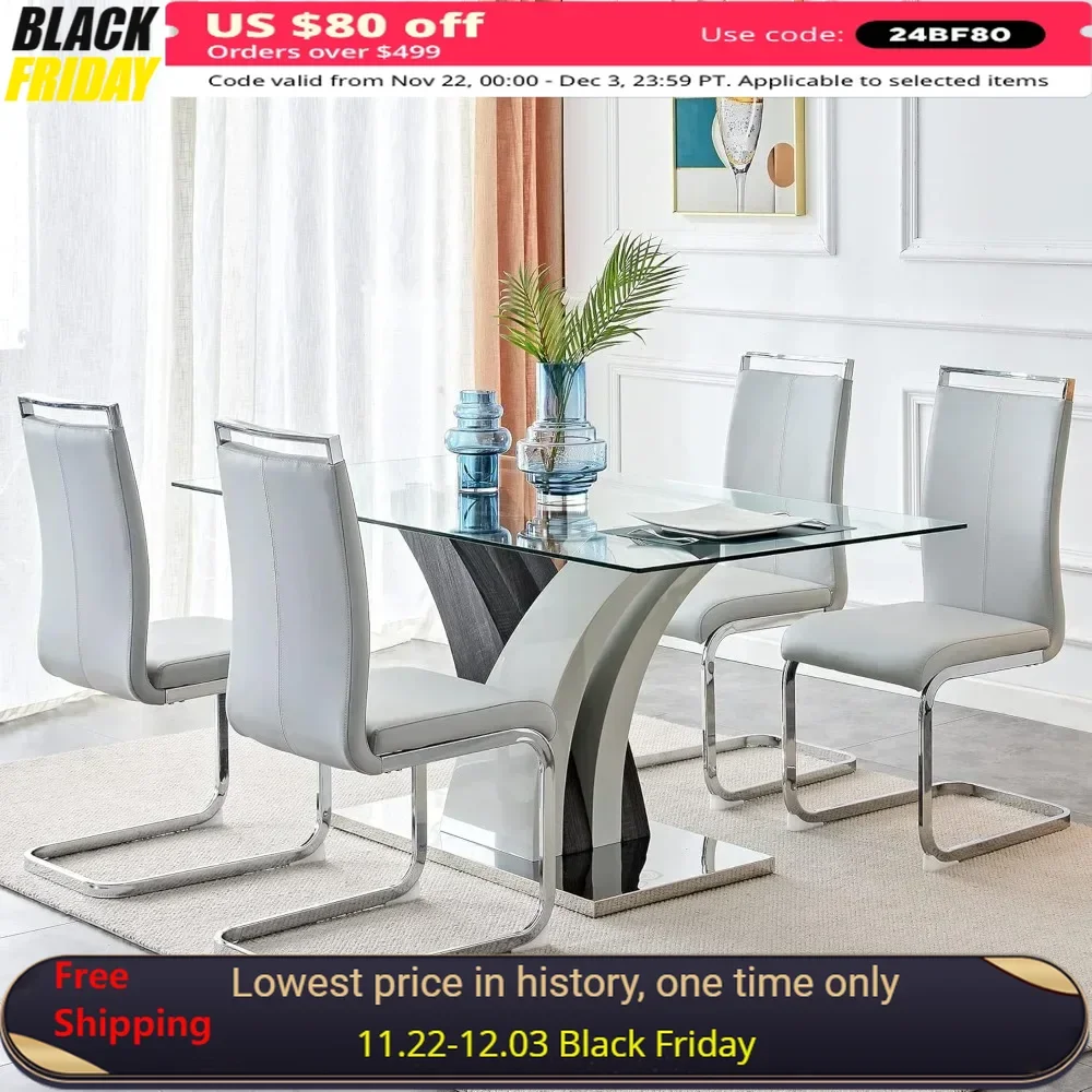Mesa de comedor de vidrio Mesa de comedor de cocina de 63" con 4 sillas de cuero, encimeras de vidrio templado, muebles de comedor para salón