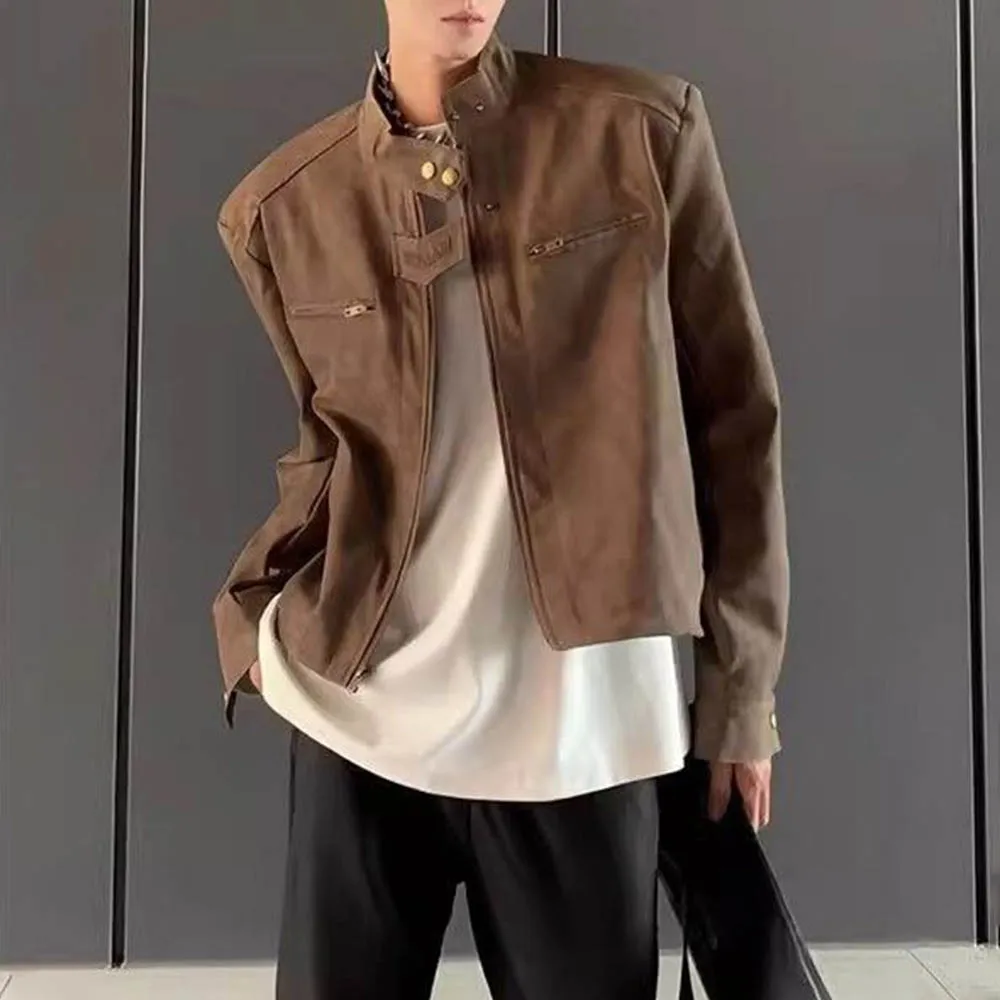 

Осенняя мужская короткая куртка из искусственной кожи с длинным рукавом в американском стиле ретро, модный тренд, уличный хип-хоп, свободные повседневные нишевые мужские топы 2025