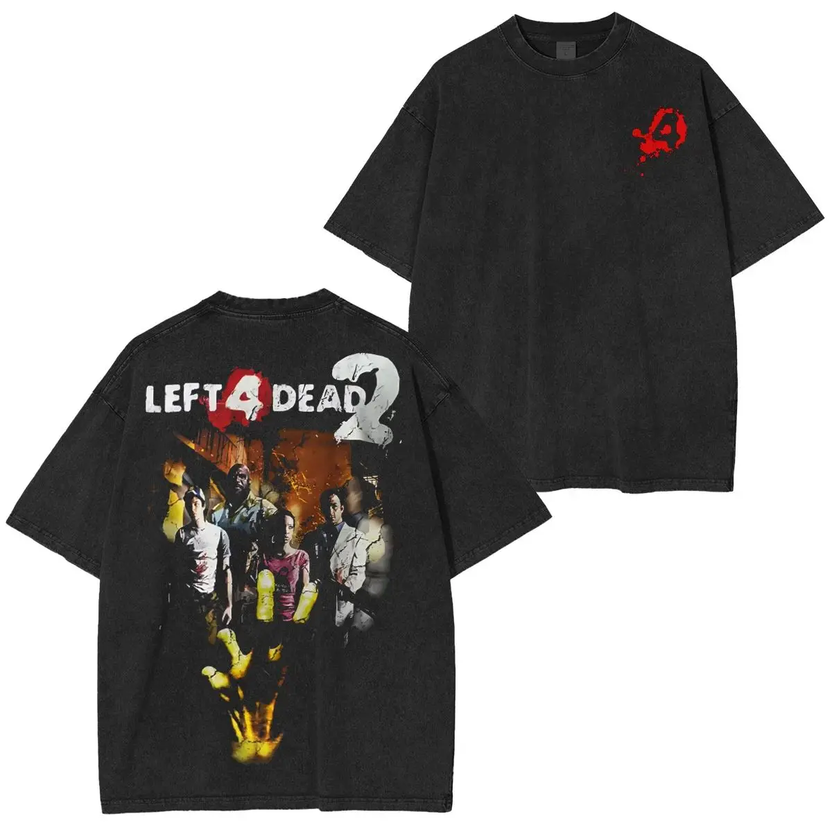 Y2k Crewneck Acid Washed Streetwear Left 4 Dead T-shirt Oversized Men Women Short Sleeve Casual Cotton Tee Female Male Lothing