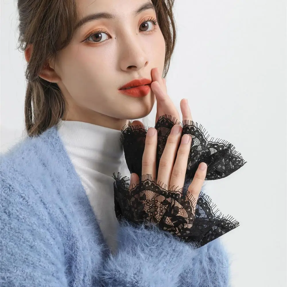 

Women Flower Mesh Lace Cuffs White Black Detachable Large Fake Sleeves Wedding Bridal Gowns Accessories Ladies Sweater Cuff