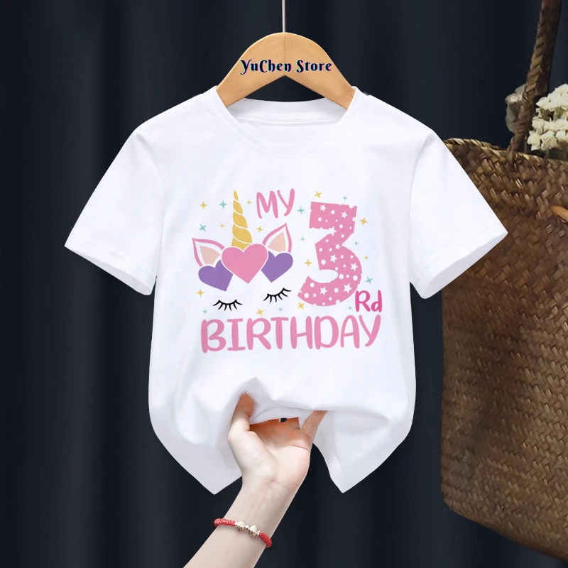 Birthday Gift Present Clothes Children Unicorn Girl My 1-8th Birthday Number Print Name T-shirt Baby Letter Tops Tee,Drop Ship