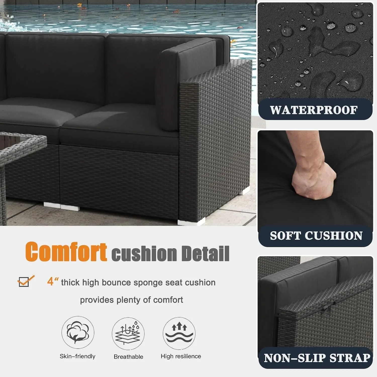 All-Weather Wicker Patio Sectional Sofa Set with Fire Pit Table, 8 Pieces Outdoor Conversation Furniture, Customized