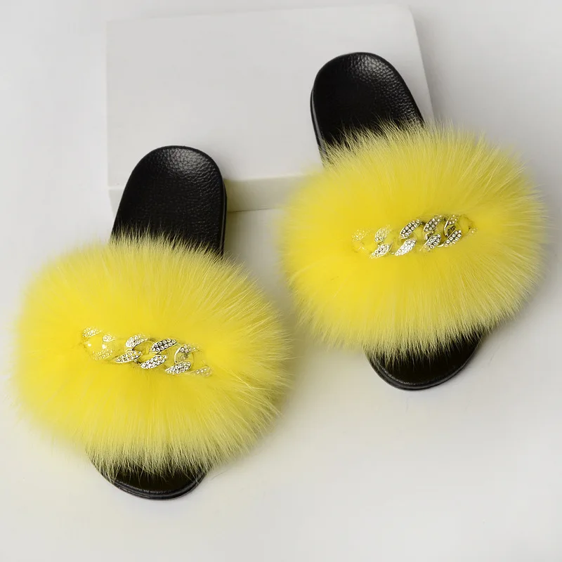 Summer Ladies Slippers Women Real Fox Fur Slides Indoor Fuzzy Plush Flip Flops Flat Sandals Fluffy Home Shoes Woman New Arrival